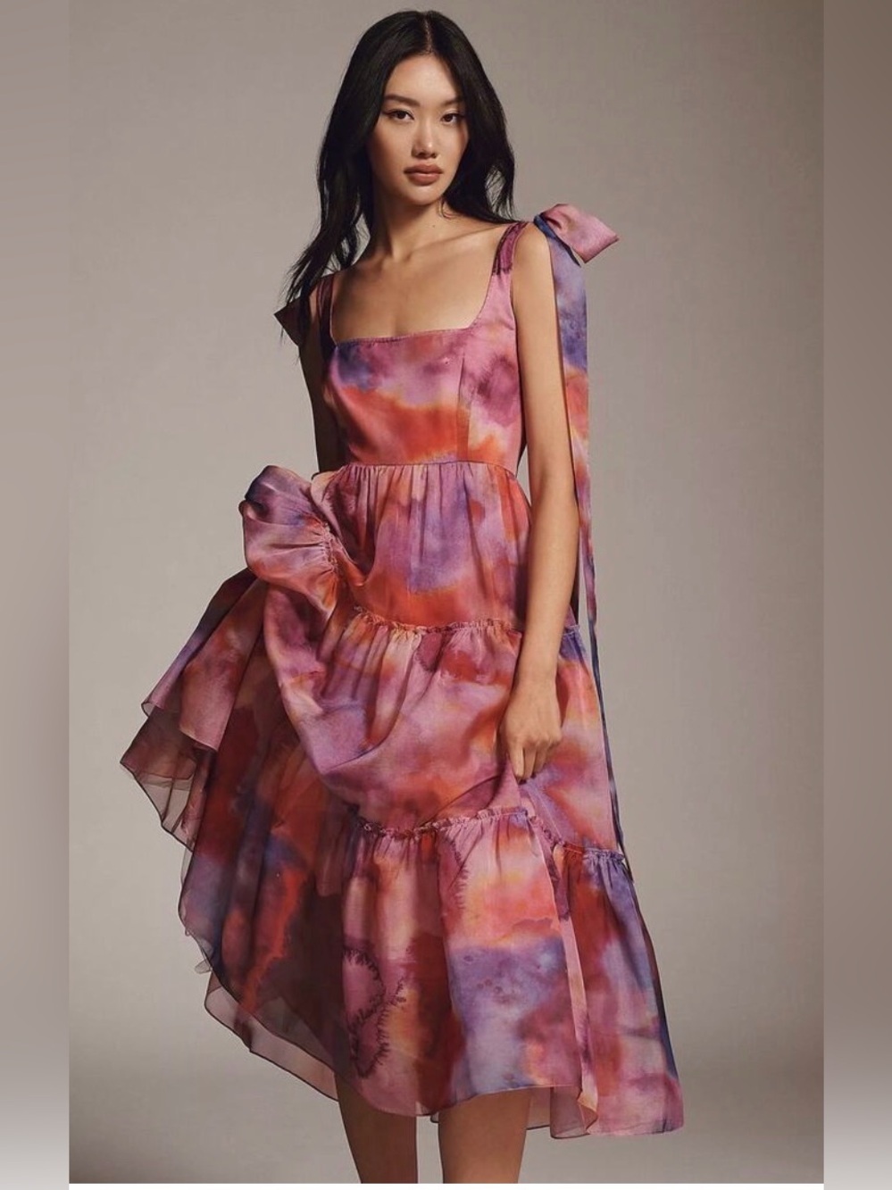 Tie-Shoulder Watercolor Midi Dress in Pink and Purple